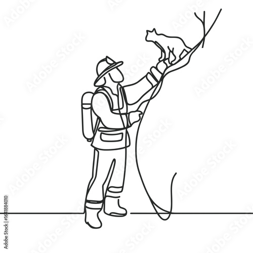 Firefighter rescuing cat from tree