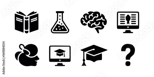 Black and white vector icons representing education and knowledge acquisition symbolizing learning process and critical thinking skills for academic success and career development
