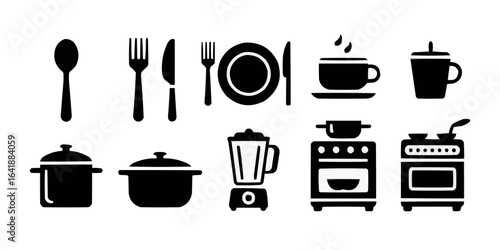 Black and white vector kitchenware illustration featuring pots pans cutlery appliances and drinkware for culinary concepts and design elements