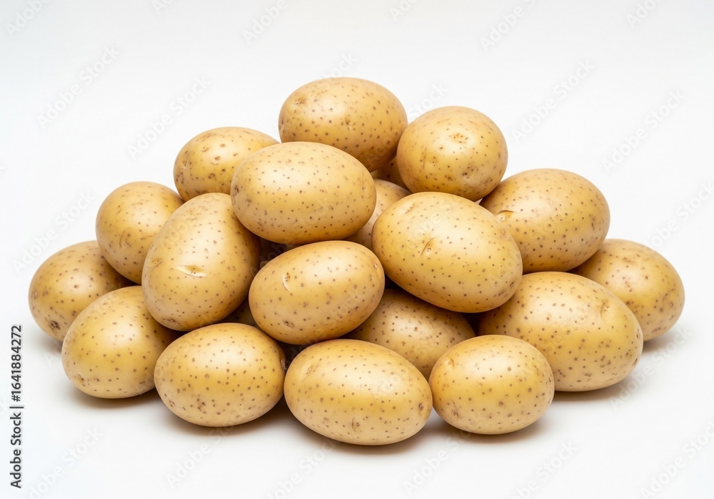 A pile of potatoes, various sizes and shades of light beige and tan, are densely clustered together A pile of potatoes, various sizes and shades of light beige and tan, are densely clustered together