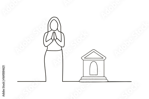 Minimalist single line drawing a woman praying beside a building architecture religion
