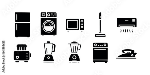 Collection of household appliances in simple black and white vector icon style perfect for web design infographics and modern minimalist visuals