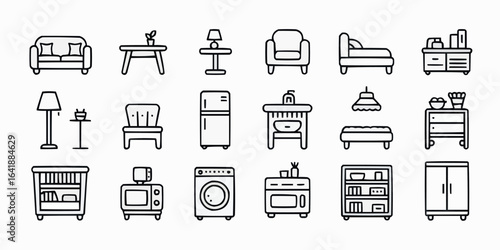 Collection of Minimalist Furniture Icons for Interior Design Projects and Home Decor Concepts in Black and White Outline Style