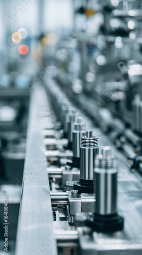 Wallpaper Mural automated conveyor producing identical products, slow motion parts moving, mechanical arms operating smoothly Torontodigital.ca