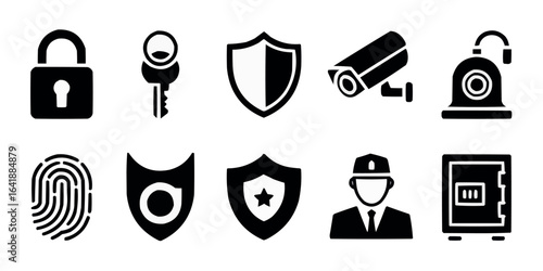 Collection of Security and Protection Icons Representing Safety Measures and Privacy Assurance with a Modern and Minimalist Design