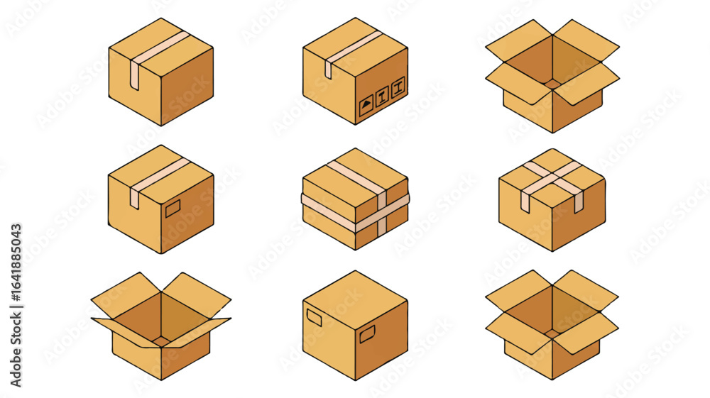 Fototapeta premium Cardboard boxes in various states of closure and open packaging shipping