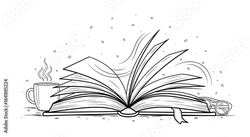 Open book with coffee cup illustration
