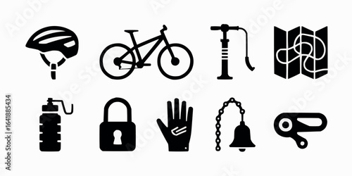 Essential bicycle gear illustration on white background for safe and enjoyable cycling adventures and active lifestyle promotion with detailed icon representation