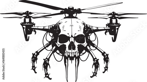 Black and white illustration of a drone with a skull as the central body and robotic arms aircraft