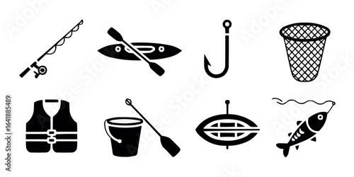 Fishing Equipment and Accessories Silhouette Vector Illustration for Recreational Activities and Angling Enthusiasts Isolated on White Background