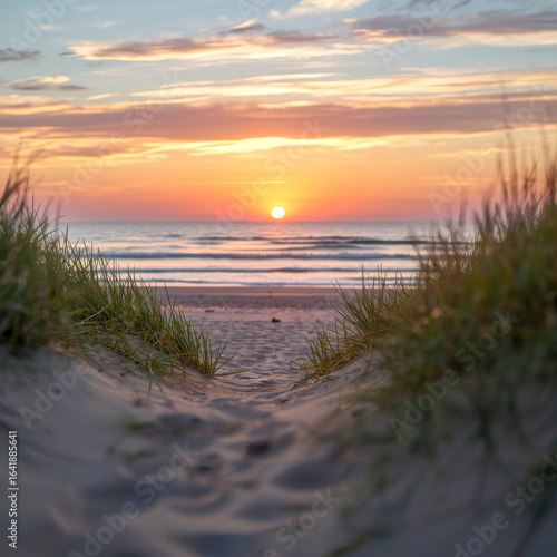 Fototapeta Naklejka Na Ścianę i Meble -  Sunset at the dune beach. serene beach scene at sunset. In the foreground, sandy dunes are covered with tufts of tall green grass. The midground shows a calm sea with gentle waves