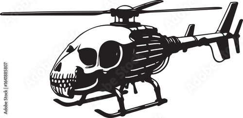 Black and white illustration of a helicopter with a skull as the cockpit and rotor assembly aircraft