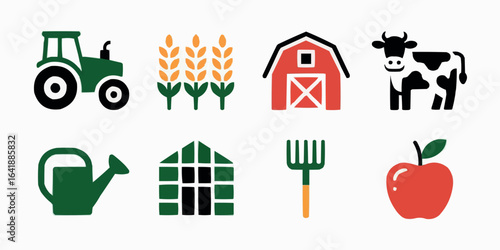 Icon Set of Farming Agriculture and Countryside Life with Tractor Cow Barn and Greenhouse for Sustainable Living and Food Production