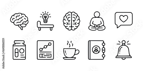 Mental health wellness and mindfulness concept with line icons for website and mobile app design featuring brain meditation light bulb therapy and positive support