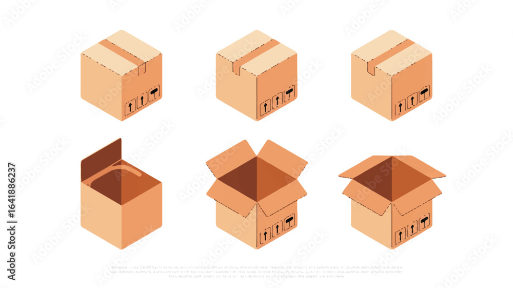 Six isometric cardboard boxes open and closed with fragile symbols packaging shipping Six isometric cardboard boxes open and closed with fragile symbols packaging shipping