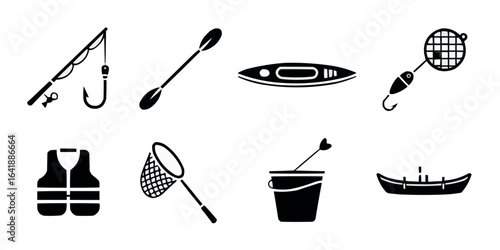 Outdoor adventure gear for fishing and boating featuring a fishing rod kayak life vest and paddle ready for your next trip