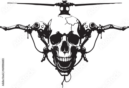 Black and white illustration of a skull with helicopter rotors and mechanical arms blades