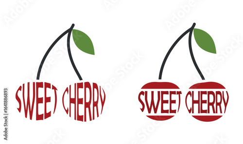 Cherries with inscription sweet cherries. Harvest, agriculture and gardening symbols. Isolated vector fruit images
