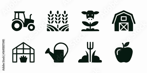 Simple farm and agriculture icons set isolated on white background collection of rural life elements representing farming and agriculture