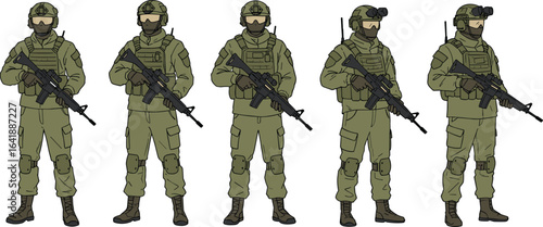 Five soldiers in uniform, holding rifles, tactical gear, military helmets, night vision goggles, army boots, combat ready, defense force, teamwork