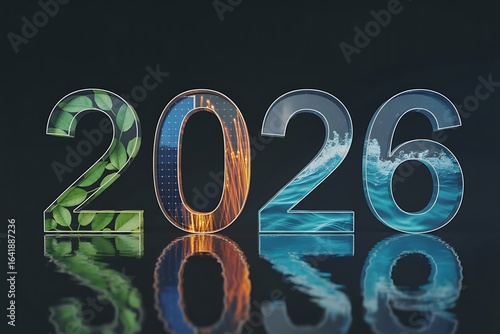 Embrace 2026 with nature, technology, and water elements signifying future progress and sustainability.