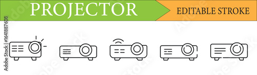 Projector linear icons set. A collection of customizable symbols for video projection and multimedia presentations. Editable stroke.