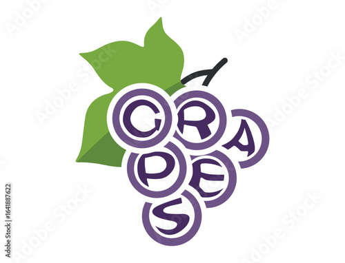 Grapes with inscription grapes. Harvest, fruit and gardening symbol. Isolated vector image