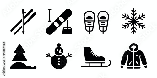 Winter Activities Icons Collection for Outdoor Adventures and Seasonal Fun Vector Graphic Design