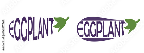Two eggplants with inscription eggplant. Vegetable, planting and harvest symbols. Natural organic food. Isolated vector images