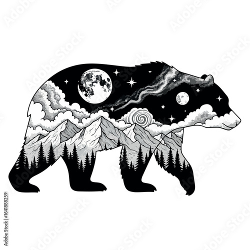 Double exposure bear with night sky, moon, and mountains, ideal for outdoor adventure and nature-inspired designs