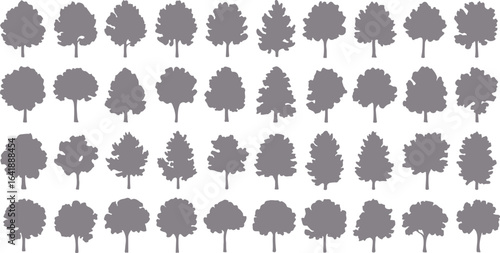 Collection of diverse tree silhouettes in gray