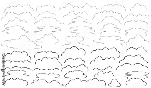 50 sets of thin and thick line doodle shapes to complete the image of clouds, leaves, grass, and sea waves isolated on a white background. Vector