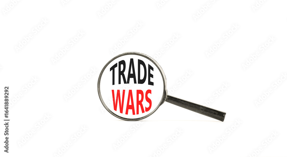 Trade wars symbol. Concept word Trade wars on beautiful magnifying glass. Beautiful white paper background. Black magnifying glass. Business trade wars concept. Copy space. Trade wars symbol. Concept word Trade wars on beautiful magnifying glass. Beautiful white paper background. Black magnifying glass. Business trade wars concept. Copy space.