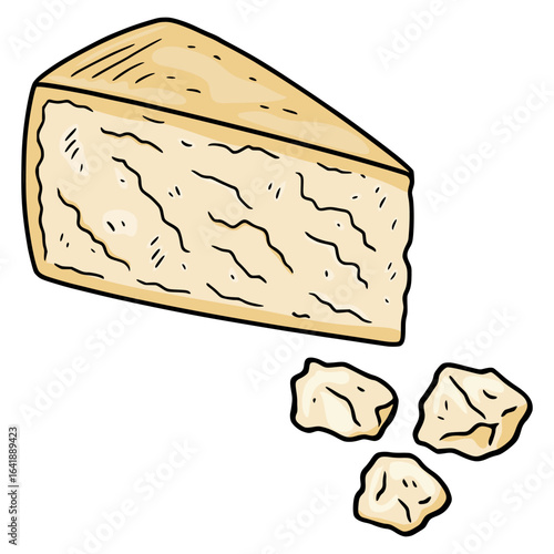 A vector illustration of a wedge of Parmigiano cheese with three smaller crumbles, showcasing a hand-drawn style with bold black outlines and a creamy beige color palette.