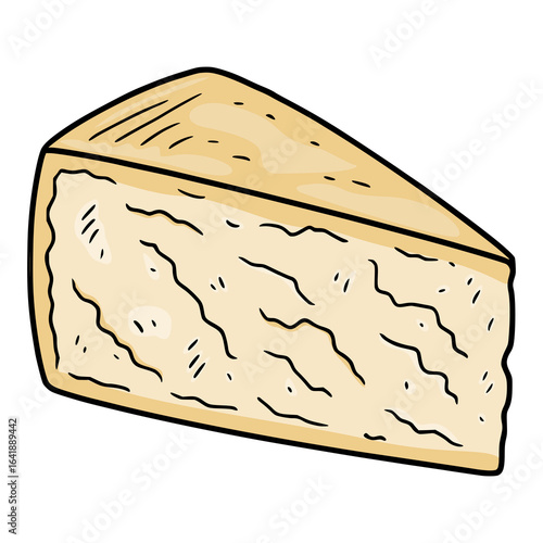 A vector illustration of a wedge of Parmigiano cheese with a hand-drawn style, featuring irregular lines and subtle texture details, perfect for food blogs or packaging design.