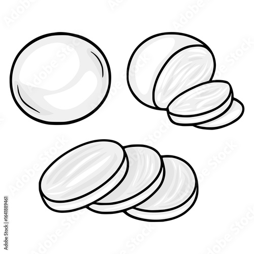 A vector illustration showcasing a whole Mozzarella cheese wheel and its sliced counterparts, emphasizing the creamy texture through grayscale shading and bold outlines.