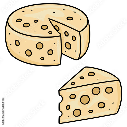 Delightful vector illustration of a round Maasdam cheese wheel with a slice removed, accompanied by a separate wedge, showcasing a cartoonish style and creamy pale yellow hue.
