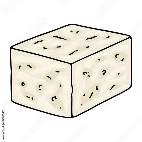 A vector illustration of a cubic piece of Feta cheese with a unique, hand-drawn style, featuring a creamy off-white color and subtle dark speckles for a realistic texture.