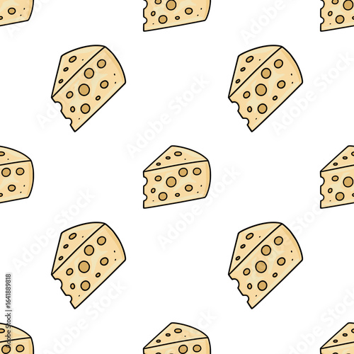 Seamless vector pattern of hand-drawn cheese wedges with holes, featuring a playful, cartoonish style and pale yellow color palette, ideal for food-related designs.