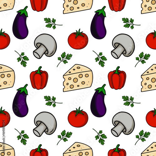Seamless vector pattern of hand-drawn pizza ingredients: cheese, mushrooms, bell peppers, tomatoes, and parsley, creating a vibrant and appetizing design.