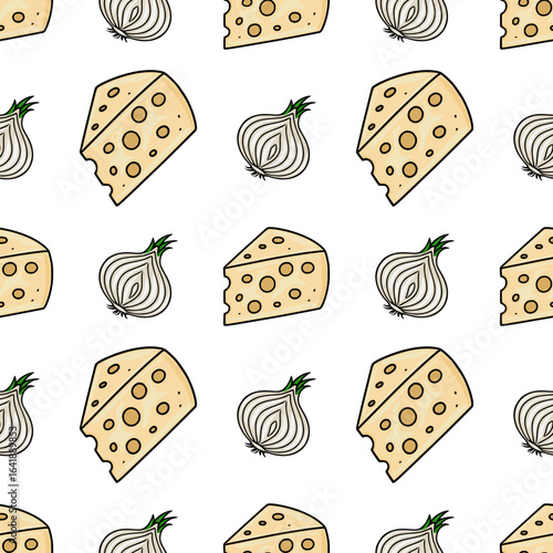 Seamless vector pattern featuring hand-drawn illustrations of cheese wedges and onions, creating a playful and appetizing design ideal for culinary-themed projects.