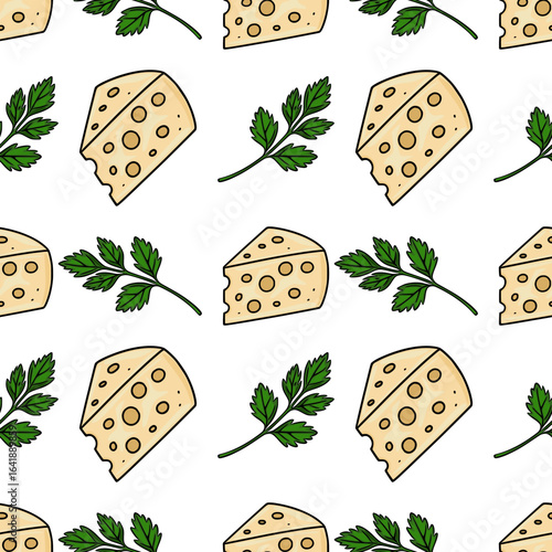 Seamless vector pattern of hand-drawn cheese wedges and parsley sprigs on a white background, creating a cheerful and appetizing design perfect for food packaging or culinary-themed projects.