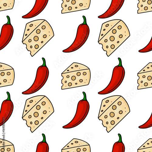 Seamless vector pattern featuring hand-drawn illustrations of cheese wedges and red chili peppers, creating a vibrant and playful food design.
