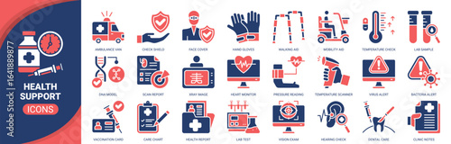 Health support icon set. Containing icon of ambulance van, vaccine dose, heart monitor, dental care, temperature check and more. Solid vector icons collection.