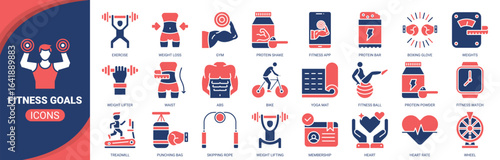 Fitness goals icon set. Containing icon of workout, gym, weight lifting, treadmill, boxing glove and more. Solid vector icons collection.