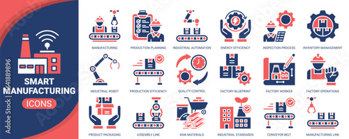 Smart manufacturing icon set. Containing icon of smart factory, industrial robot, assembly line, conveyor belt, quality control and more. Solid vector icons collection.