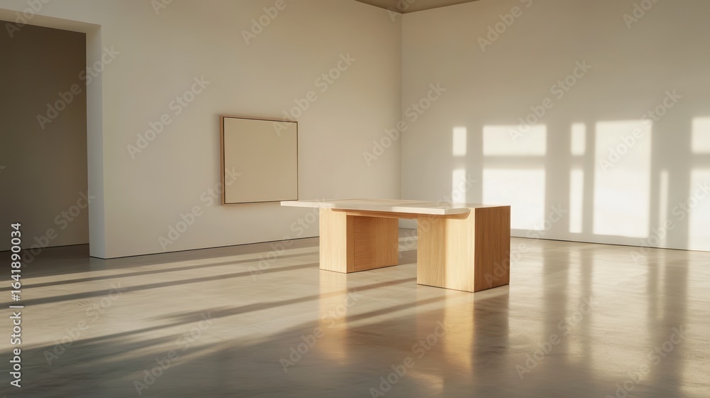 Fototapeta premium Minimalist wooden table, art gallery, sunlight, modern interior, design