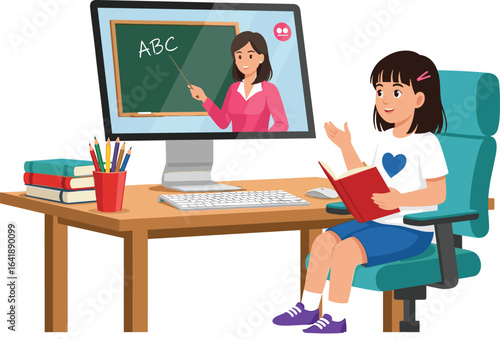 Child learning online, virtual classroom setup, student with book, teacher on screen, ABC lesson, modern education, technology, home study