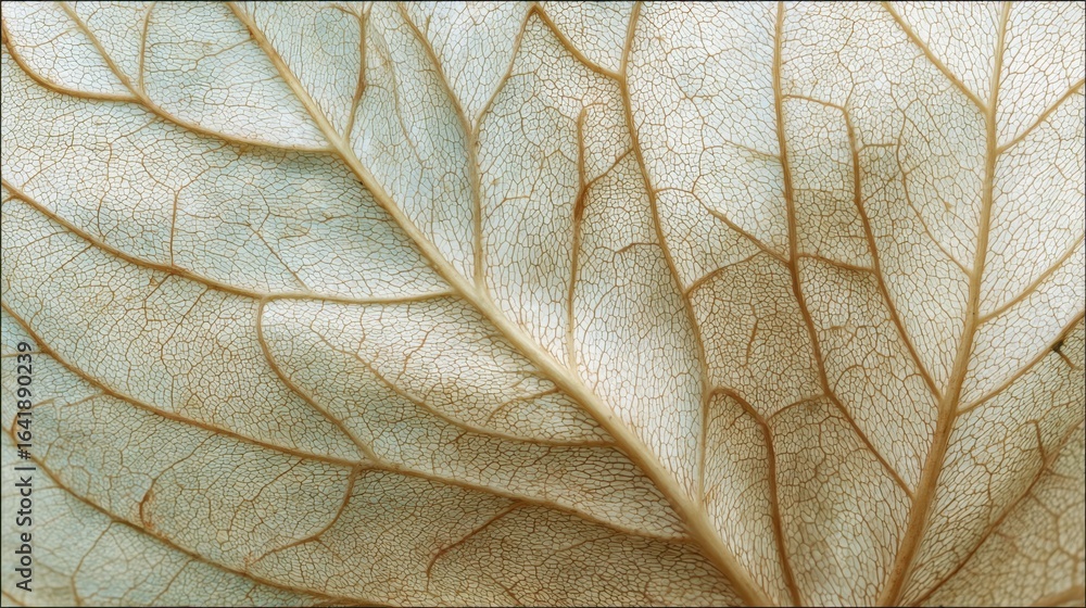 Obraz premium A close-up view captures the fine details of a leaf, highlighting its textured surface and delicate veining. The natural light enhances the intricate patterns, creating a tranquil atmosphere.