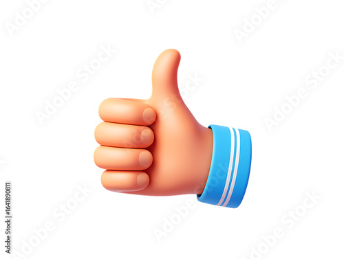 Friendly 3D cartoon hand giving a confident thumbs-up gesture with a stylish blue and white wristband